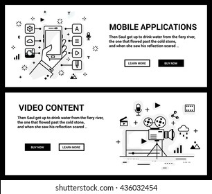 Vector concept, a set of banners for the site. Mini illustration of icons on the theme of mobile applications and content. Drawn in an unusual modern flat linear style.