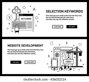Vector concept, a set of banners for the site. Mini illustration of icons on the theme ofÃ?Â  keyword selection, site development. Drawn in an unusual modern flat linear style.