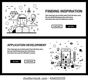 Vector concept, a set of banners for the site. Mini illustration of icons on a theme search of inspiration and application development. Drawn in an unusual modern flat linear style.