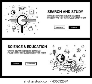 Vector concept, a set of banners for the site. Mini illustration of icons on a theme search of knowledge, science and education. Drawn in an unusual modern flat linear style.