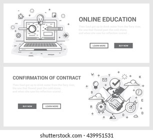 Concepto vectorial, un conjunto de banners para el sitio. Miniilustración de iconos sobre el tema de la educación empresarial y las transacciones de capacitación. Dibujado en un estilo lineal plano inusual.