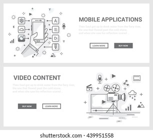 Vector concept, a set of banners for the site. Mini illustration of icons on the theme of mobile applications and content. Drawn in an unusual modern flat linear style.