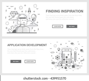 Vector concept, a set of banners for the site. Mini illustration of icons on a theme search of inspiration and application development. Drawn in an unusual modern flat linear style.