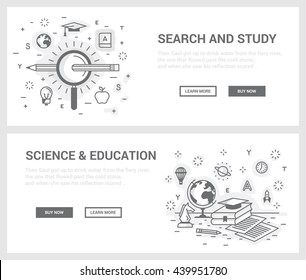 Vector concept, a set of banners for the site. Mini illustration of icons on a theme search of knowledge, science and education. Drawn in an unusual modern flat linear style.