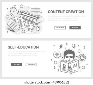 Vector concept, a set of banners for the site. Mini illustration of icons on the theme of self-education and content creation. Drawn in an unusual modern flat linear style.