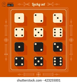 vector concept of a set of black and white  dice with ornament. flat style