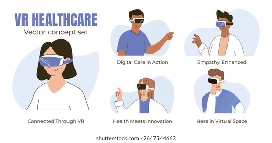 Conjunto de conceito vetorial de pessoas isoladas de desenhos animados usando fones de ouvido de RV em tecnologia médica e de saúde. Perfeito para temas de saúde digital, inovação, terapia virtual, soluções modernas de bem-estar.
