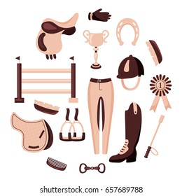 vector concept, set of equestrian items arranged in a circle, beige and brown colors