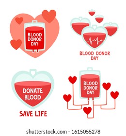 Conjunto de conceptos vectoriales de manada de corazones y bolsas de sangre con texto. Ilustración plana del Día Mundial de la Sangre utilizada para el cartel del Día del donante, sitio web del hospital, revista