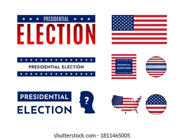 Vector concept set for Presidential election in USA. The Stars and Stripes flag, round badges, map with American national flag. Templates for article title of media, news, booklets, flyers and banners