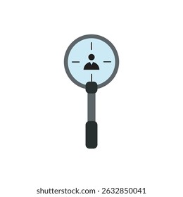 Vector concept showing a magnifying glass focusing on an individual, ideal for search, recruitment, or employee selection themes.
