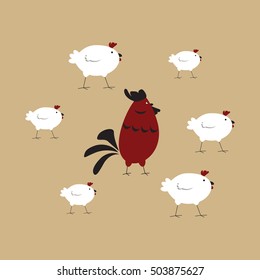 Vector concept of sign for poultry farms with isolated image of a red rooster and white hens. Easy to edit and recolor.