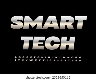 Vector concept sign Smart Tech. Reflective silver Font. Metallic set of Alphabet Letters and Numbers