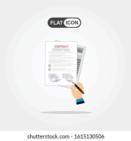 Vector concept signing of a contract. Hand making the signature on the document sheet. On grey background. Flat style. 