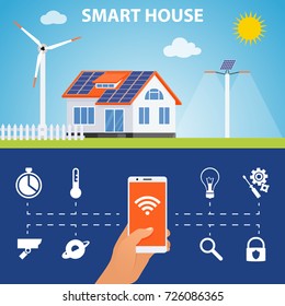Vector concept of smart house or smart home technology system with centralized control of lighting, heating, ventilation and air conditioning, security and video surveillance
