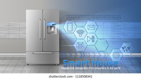Vector concept of smart house, wireless digital technologies to manage and control household appliances from anywhere. Background with refrigerator and blue virtual interface with icons