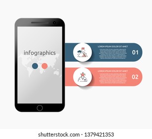 Infografik für Smartphone-Geräte mit Vektorkonzept. Mobile, flache Vorlagenzeilen. Geschäftskonzept mit 2 Optionen für Präsentation, Flussdiagramm, Schritte, Zeitleiste, Workflow, Marketing, Grafik, Diagramm