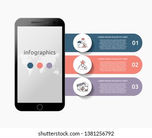 Vector concept smartphone device infographic. Mobile flat template lines. Business concept with 3 options for presentation, flowchart, steps, timeline, workflow, marketing, graph, diagram