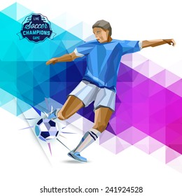 Vector concept of soccer player with geometric background and geometric figures combination of different colors.Creative football design with labels. Sport championship. France euro 2016