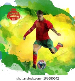 Vector concept of soccer player with watercolor background and geometric figures combination of green and yellow colors.  Creative football design with labels for you. Label separate from background.