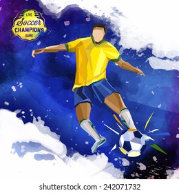 Vector concept of soccer player with watercolor background and geometric figures combination of blue and white colors.Creative football design with labels for you.Sport championship. France euro 2016