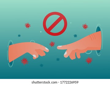 Vector concept of social distance that helps stop the virus. Hands reach for each other, but they are forbidden to touch because dangerous coronavirus flies in the air. COVID-19. Epidemic prevention.
