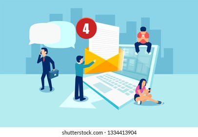 Vector concept of social media networking, digital communication via email and people chatting using modern gadgets 