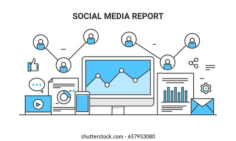 Vector Concept Social Media Report, Analytics, Social Media Advertising Flat Outline Banner