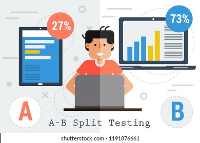 Vector concept of split testing a-b comparison computer process or web application. Laptop and tablet with graphics, percentage figures and happy working man user in flat style