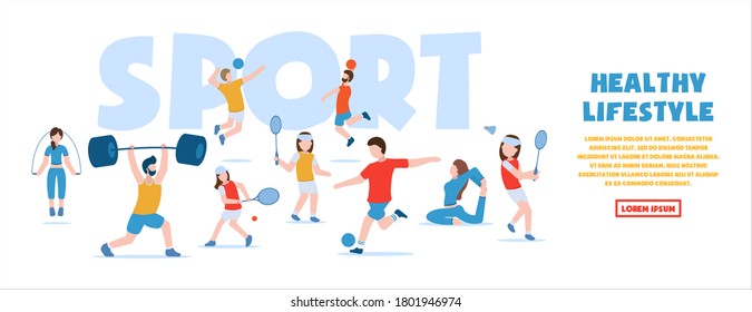 Vector concept of sports and healthy lifestyle. Gymnastics, fitness, football, basketball, volleyball, tennis, badminton, bodybuilding. People in sports uniforms are engaged in different sports.