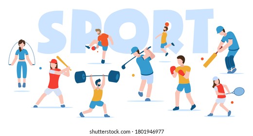 Vector concept of sports and healthy lifestyle. Fitness, golf, basketball, table tennis, boxing, baseball, cricket, tennis, bodybuilding. People in sports uniform go in for various sports.