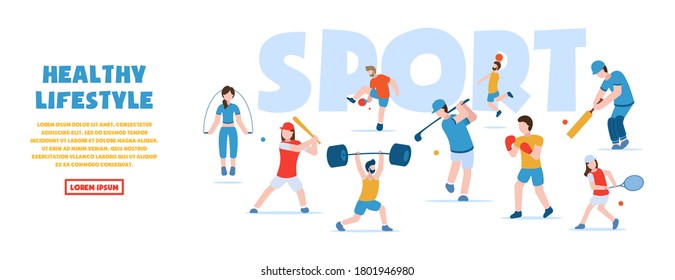 Vector concept of sports and healthy lifestyle. Fitness, golf, basketball, table tennis, boxing, baseball, cricket, tennis, bodybuilding. People in sports uniform go in for various sports.