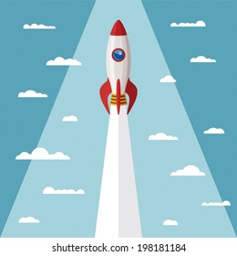 Vectorkonzept für ein neues Geschäftsprojekt mit Raketen und Wolken.