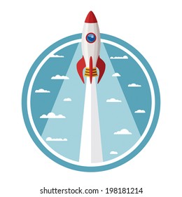 Vector concept of start up new business project with rocket and clouds.