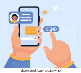 Vector concept of successfully sending messages on a smartphone. E-mail. Hands hold the phone and click to send a message. Fast information via the internet. Can be used for smartphone apps, websites.