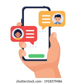 Vector concept of successfully sending messages on a smartphone. E-mail. Hands hold the phone and click to send a message. Fast information via the internet. Can be used for smartphone apps, websites.