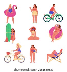 Vector concept of summer beach activity with happy young people. boy and girl riding a bike. girl with a ball. people swim in the pool. girl with SUP board