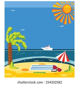 Vector concept summer beach with sand and sea in bright colorfull for background design