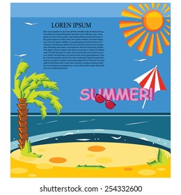 Vector concept summer beach with sand and sea in bright colorfull for background design