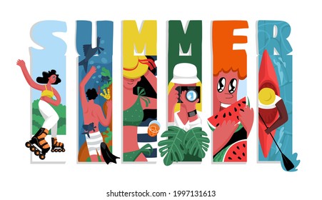 Vector Concept of Summer with Set of elements. Woman on Roller skates, takes pictures, Jungle, Sunbathes on Beach, Swims in Boat, man is engaged in Snorkeling, child eats Watermelon. Text.