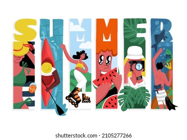 Vector Concept of Summer with Set of elements. Woman on Roller skates, takes pictures, Jungle, Sunbathes on Beach, Swims in Boat, man is engaged in Snorkeling, child eats Watermelon. Text.