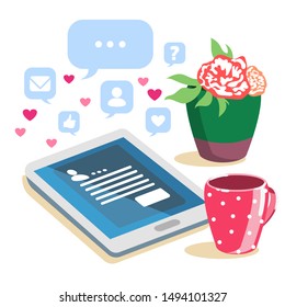 Vector concept with tablet, icons and symbols for online communication and social media. Bright vector illustration concept for websites