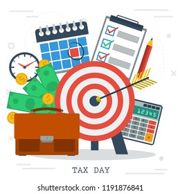 Vector concept of tax day. Icon calendar with red day, calculator, money, reminder, pencil with paper in flat style on white infographics