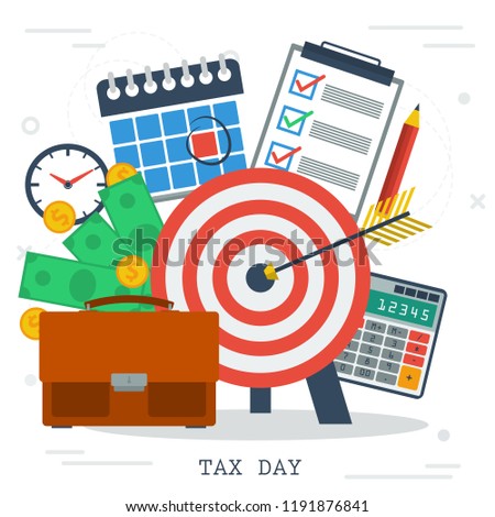 Vector concept of tax day. Icon calendar with red day, calculator, money, reminder, pencil with paper in flat style on white infographics