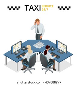 Vector Concept Of Taxi Service, Technical Car Support And Dispatcher Call Center. Female Operator On Call Center.