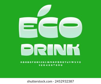 Vector concept template Eco Drink with decorative Leaf. Creative White Font. Bold Alphabet Letters and Numbers set.