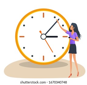 Vector concept of time management and control. Young business woman standing near huge clock icon on white background. Working time. Can use for web banners, posters, mobile app. Clip art
