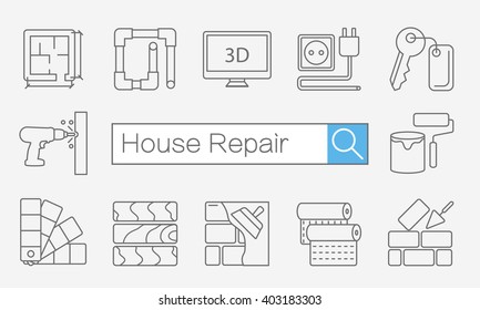 Vector concept of title site page or banner with search bar and thin line icons on desktop for home improvement website includes objects for finishing works, renovation and building elements.
