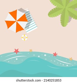 Vector concept Top view beach background with Palm leaves umbrellas, balls starfish, and sunbed
life Buoy sea. Top view of summer 
beautiful beach vector style. Top view of the sea in summer holiday.
