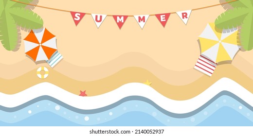 Vector concept Top views beautiful beach background with flags tropical beach Palm leaves umbrellas, balls sunbed
life Buoy starfish, and sea. Top view of summer beach vector style. Top view of the s